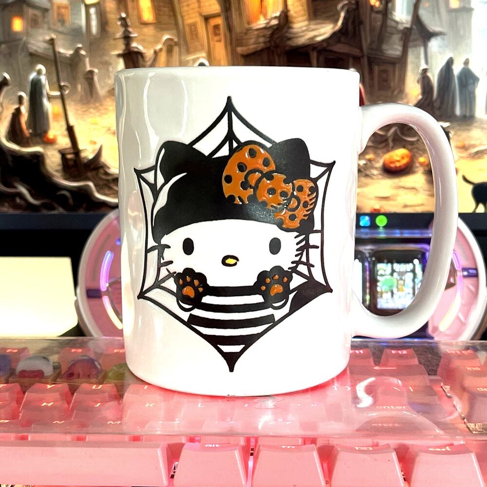 Hello Kitty Halloween Mug Bandit White Orange Black Cobweb 17oz 2024 Sanrio - Picture 2 of 8